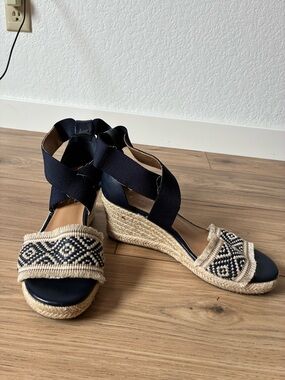 Tommy Hilfiger Wedge Espadrille Sandals Navy and Natural Boho Festival Summer